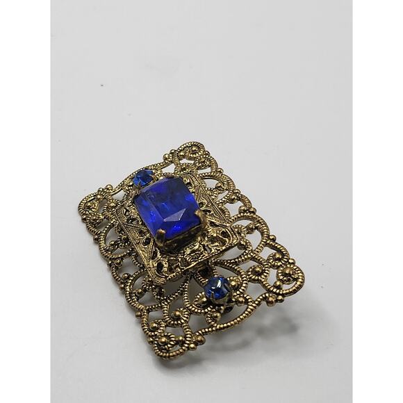 Vintage Gold Tone Filigree Brooch Blue Glass Stone Art Nouveau Style - Picture 7 of 7